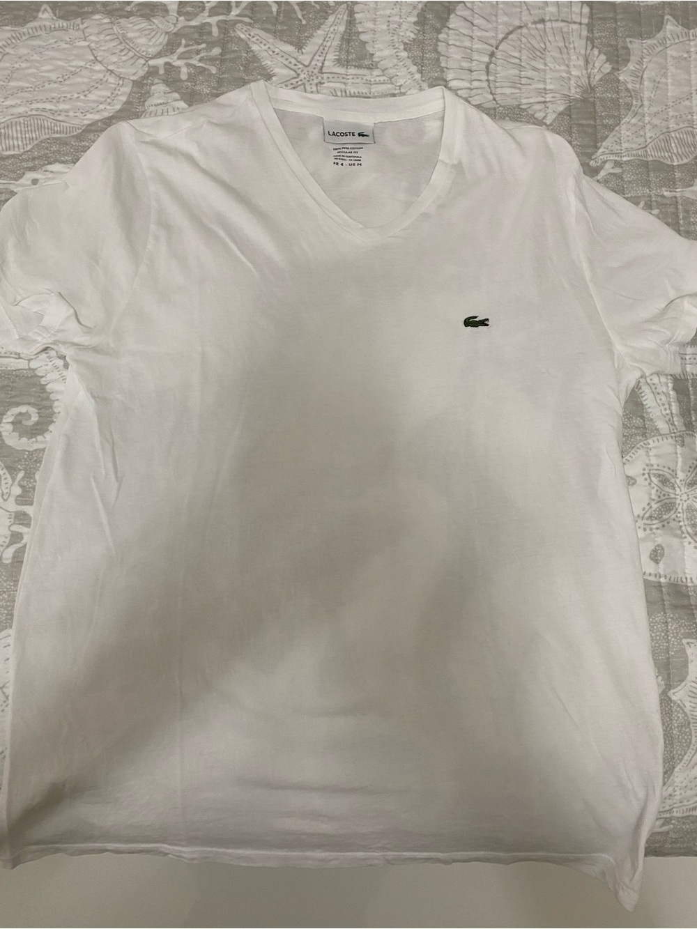 Lacoste Men's White V-Neck Tee with Green Crocodile Logo